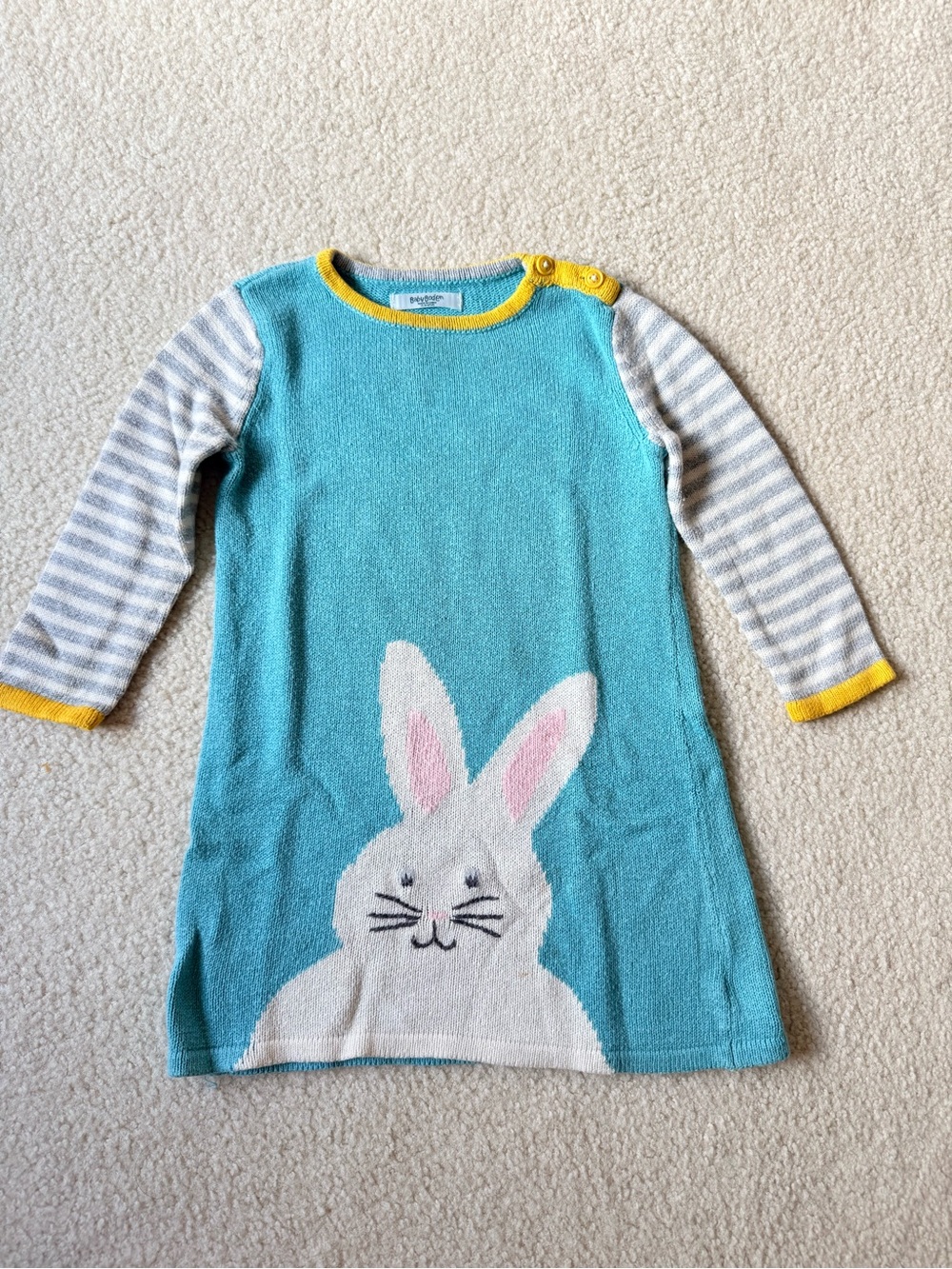 Baby Boden Turquoise Knit Bunny Dress with Gray Striped Sleeves and Yellow Trim